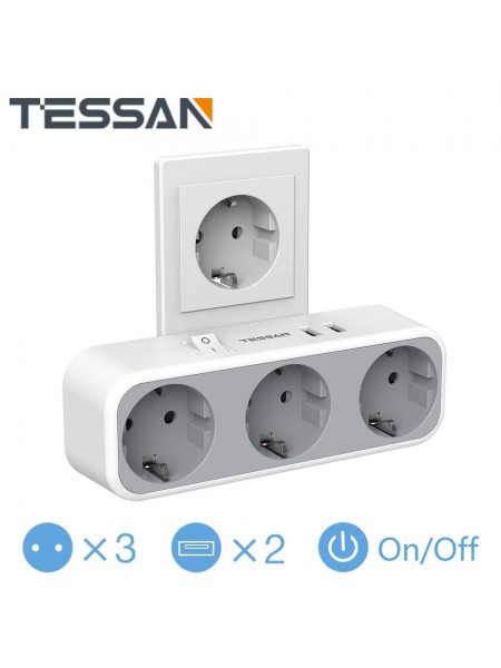 Адаптер TESSAN с выключателем (3 розетки, 2 USB порта)